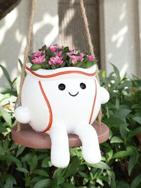 Plant Hanger Smiley Face Round Swing Planter Pot with Drainage Hole ( No Plant )
